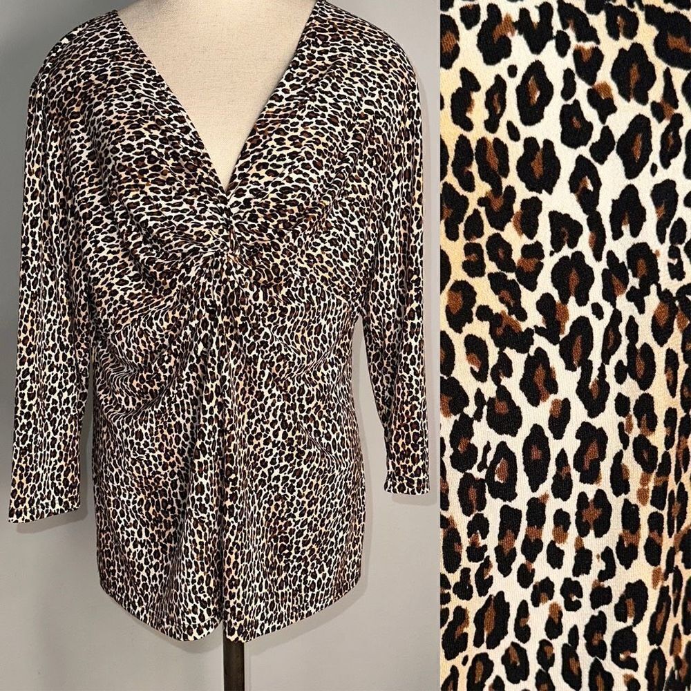 Notations‎ Womens XL Leopard Print Y2K Sleek & Stretchy Bold Y2K Vneck Blouse